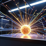 **"Dancing Light Particles: A mesmerizing visual of photons in motion, interacting with various materials. Show a lab setting with scientific equipment and vibrant light displays."**