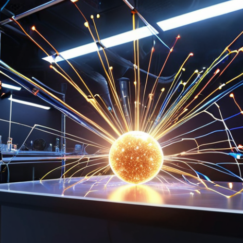 **"Dancing Light Particles: A mesmerizing visual of photons in motion, interacting with various materials. Show a lab setting with scientific equipment and vibrant light displays."**