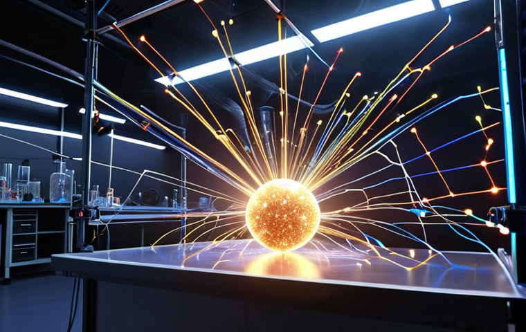 **"Dancing Light Particles: A mesmerizing visual of photons in motion, interacting with various materials. Show a lab setting with scientific equipment and vibrant light displays."**