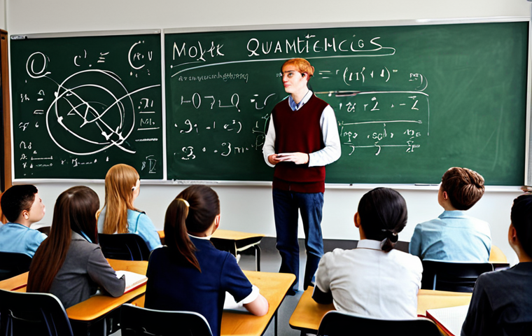 Quantum Concepts Illustration**

A classroom setting with a diverse group of students attentively listening to a professor explain quantum mechanics. Chalkboard filled with equations illustrating quantization, superposition, and entanglement. Fully clothed, appropriate attire, safe for work, perfect anatomy, natural proportions, educational environment, professional illustration, modest setting.

**