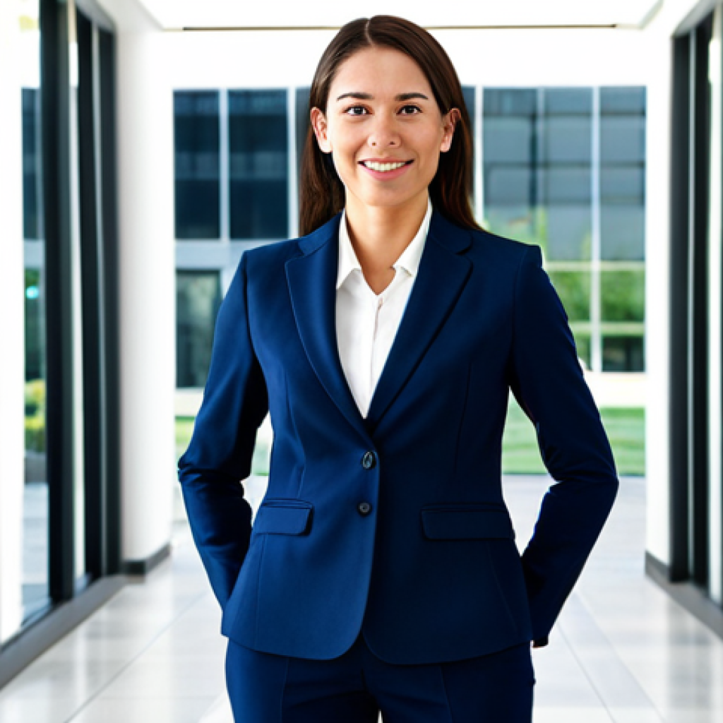 양자컴퓨터 투자 동향 - A professional businesswoman in a modest, dark blue business suit, standing in a modern office lobby...