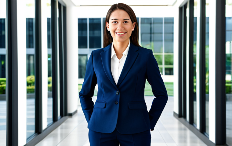 양자컴퓨터 투자 동향 - A professional businesswoman in a modest, dark blue business suit, standing in a modern office lobby...