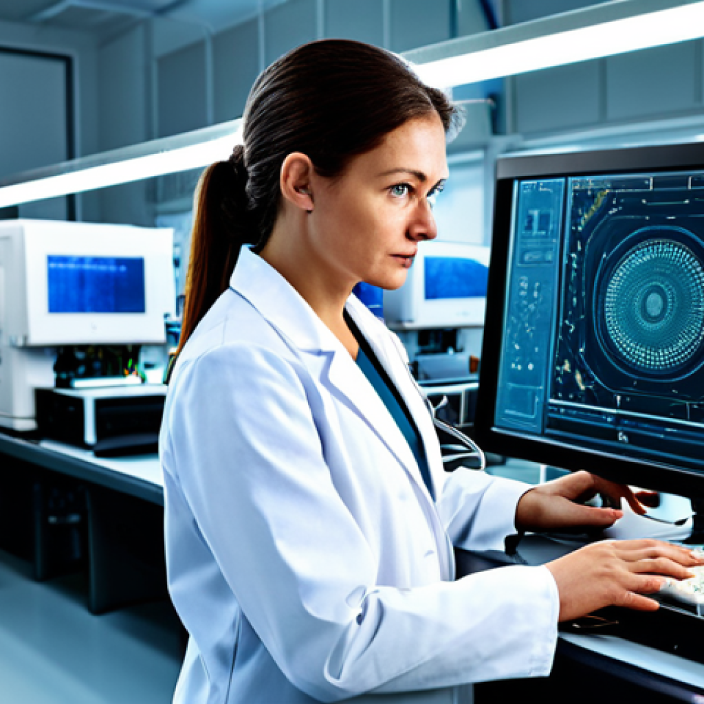 양자컴퓨터 기술의 한계 - Quantum Researcher**
"A female scientist in a fully clothed, professional lab coat, examining a com...
