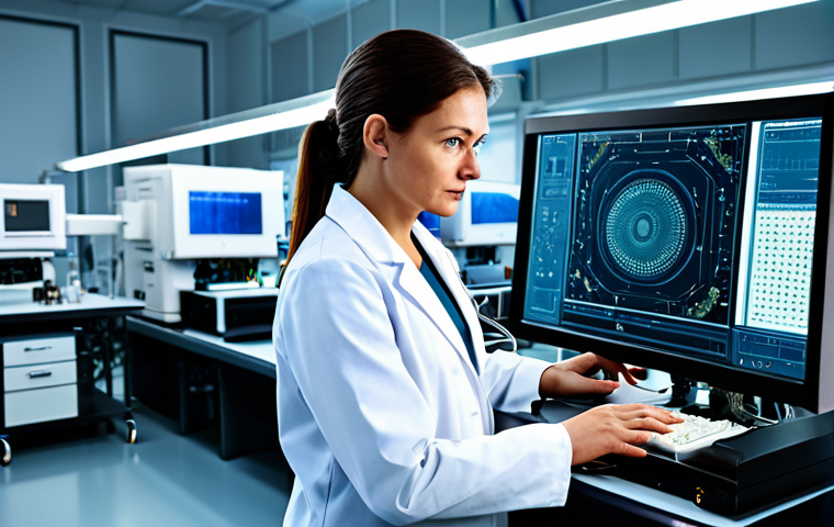 양자컴퓨터 기술의 한계 - Quantum Researcher**
"A female scientist in a fully clothed, professional lab coat, examining a com...