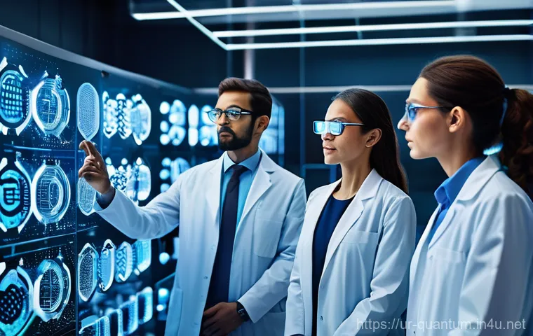 양자컴퓨터의 다양한 응용 분야 - **Prompt 1: Quantum-Enhanced Drug Discovery**
    "A diverse team of male and female scientists, pro...