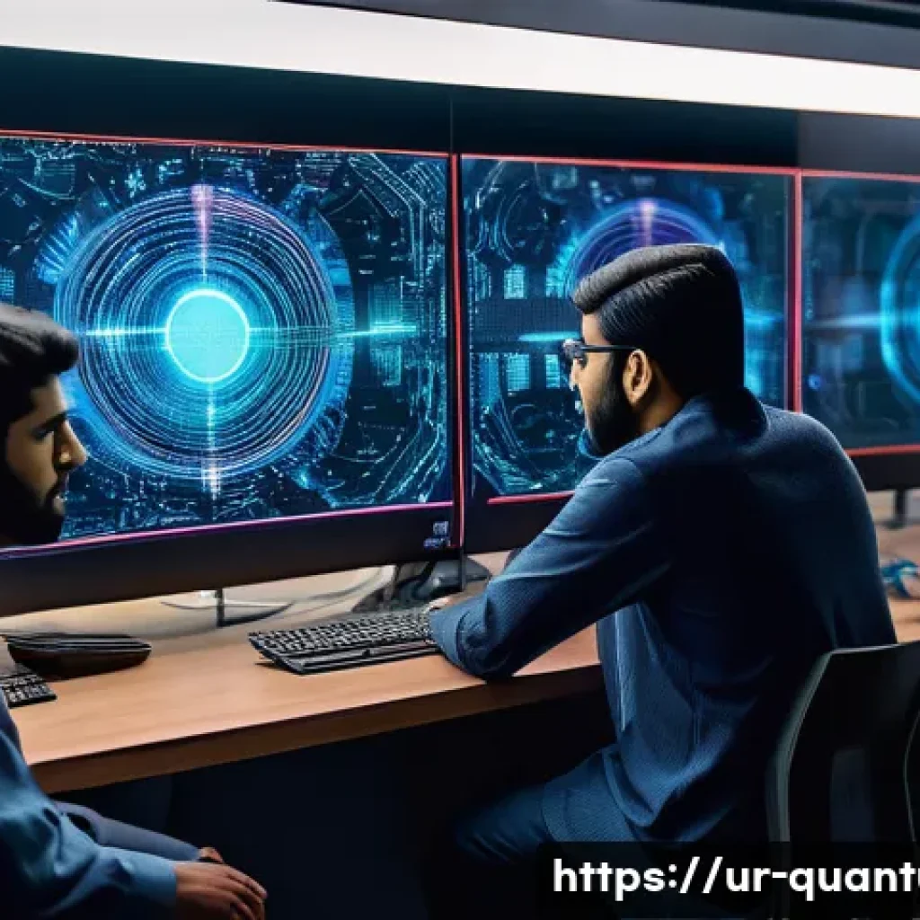 양자컴퓨터 소프트웨어 개발 - A highly detailed futuristic quantum computing lab in Pakistan, with a diverse group of young Urdu-s...