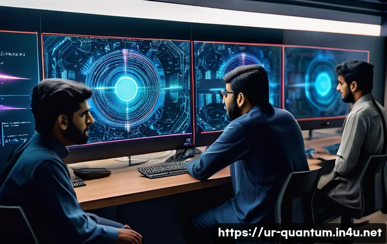 양자컴퓨터 소프트웨어 개발 - A highly detailed futuristic quantum computing lab in Pakistan, with a diverse group of young Urdu-s...