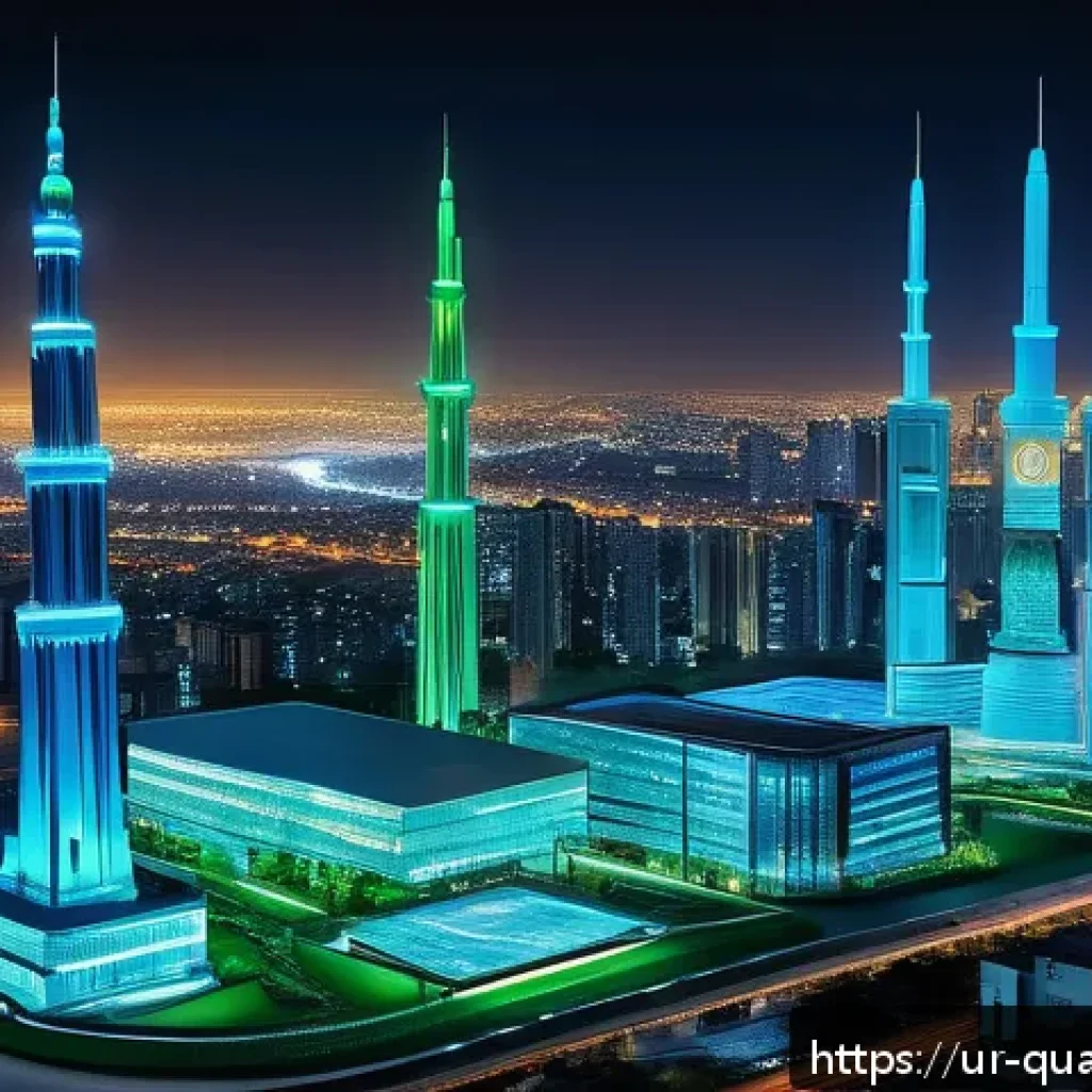 양자암호의 국제 협력 - A futuristic digital communication hub in a modern Pakistani cityscape at night, illuminated with ne...