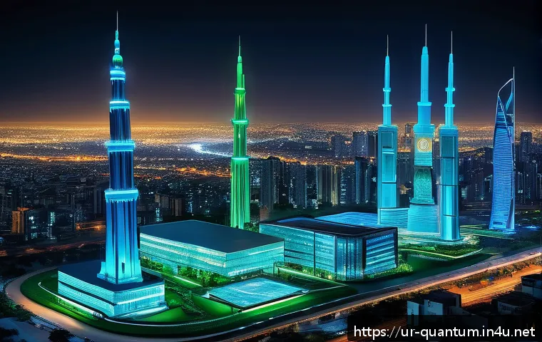 양자암호의 국제 협력 - A futuristic digital communication hub in a modern Pakistani cityscape at night, illuminated with ne...