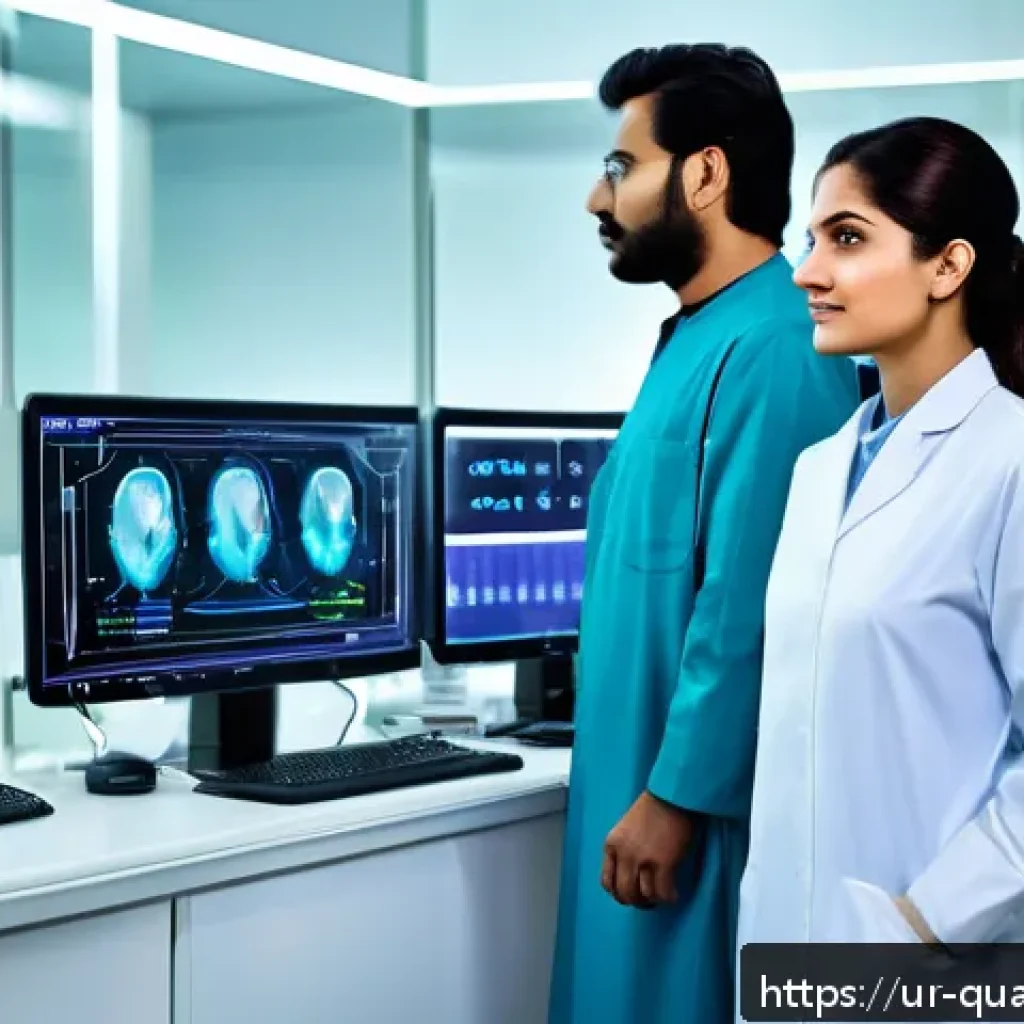 양자컴퓨팅의 의료 분야 응용 - A futuristic hospital laboratory scene in Pakistan featuring a diverse team of Urdu-speaking scienti...
