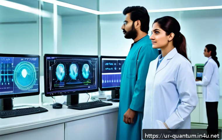 양자컴퓨팅의 의료 분야 응용 - A futuristic hospital laboratory scene in Pakistan featuring a diverse team of Urdu-speaking scienti...