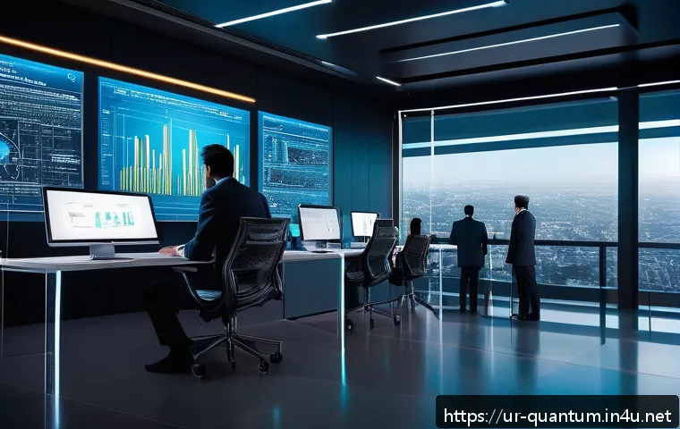 양자컴퓨터 시장의 발전 가능성 - A futuristic business office scene in Karachi, Pakistan, featuring a diverse group of professional a...