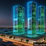 Home 21 양자통신 - A futuristic urban scene in Pakistan featuring advanced quantum communication infrastructure: sleek ...