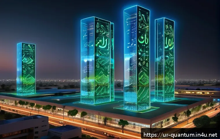 양자통신 - A futuristic urban scene in Pakistan featuring advanced quantum communication infrastructure: sleek ...