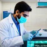 Home 19 양자센서와 의료기기 - A modern clinical laboratory setting in Pakistan featuring a small, sleek quantum sensor device on a...