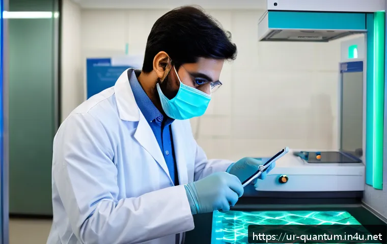 양자센서와 의료기기 - A modern clinical laboratory setting in Pakistan featuring a small, sleek quantum sensor device on a...