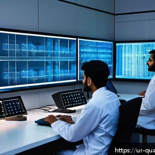 Home 30 양자컴퓨터 기술의 발전과 미래 - A futuristic quantum computing laboratory in Karachi, Pakistan, featuring diverse scientists wearing...
