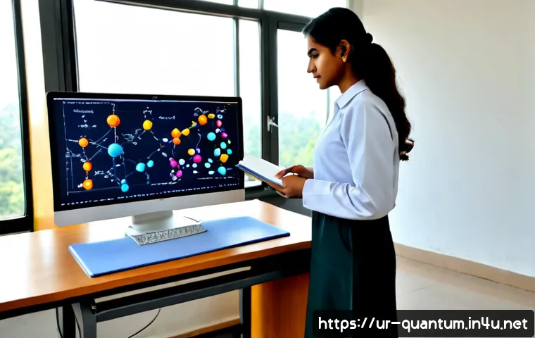 Home 17 양자화학의 데이터 분석 - Photorealistic quantum chemistry data analysis workspace in a modern Pakistani university laboratory...