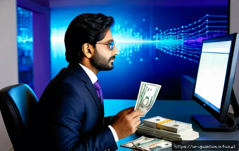 Home 17 양자컴퓨터의 금융 모델 - Photorealistic Pakistani financial analyst in a modern Karachi office, studying a sleek quantum comp...